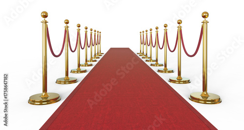 Luxurious Gold Stanchions or velvet rope stanchion. Golden stanchion and red velvet rope barrier for a VIP event isolated