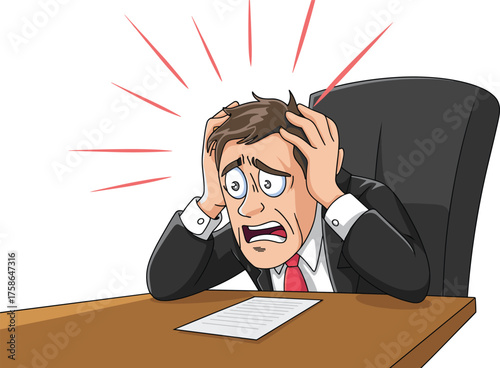 Stressed cartoon businessman at desk, panic expression, office anxiety illustration, workplace pressure, emotional burnout concept