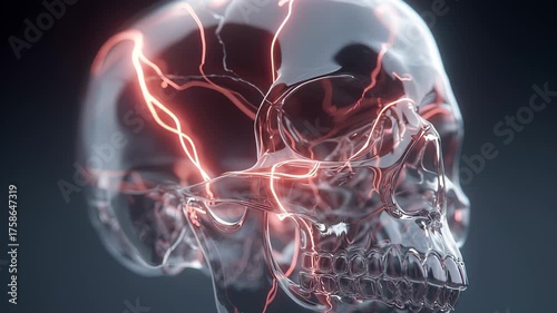 Transparent skull with illuminated neural pathways and signals. Illustrates neural communication and computational neuroscience. A high-resolution 4K scientific video.