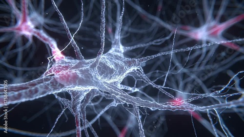 Web of glowing neuron fibers connecting through darkness. Illustrates neural communication and computational neuroscience. A high-resolution 4K scientific video.