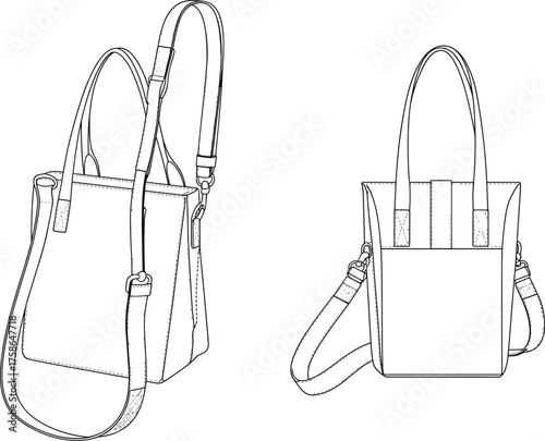 Technical handbag illustration, front and angled view, fashion sketch, shoulder strap, purse design, garment template, accessories