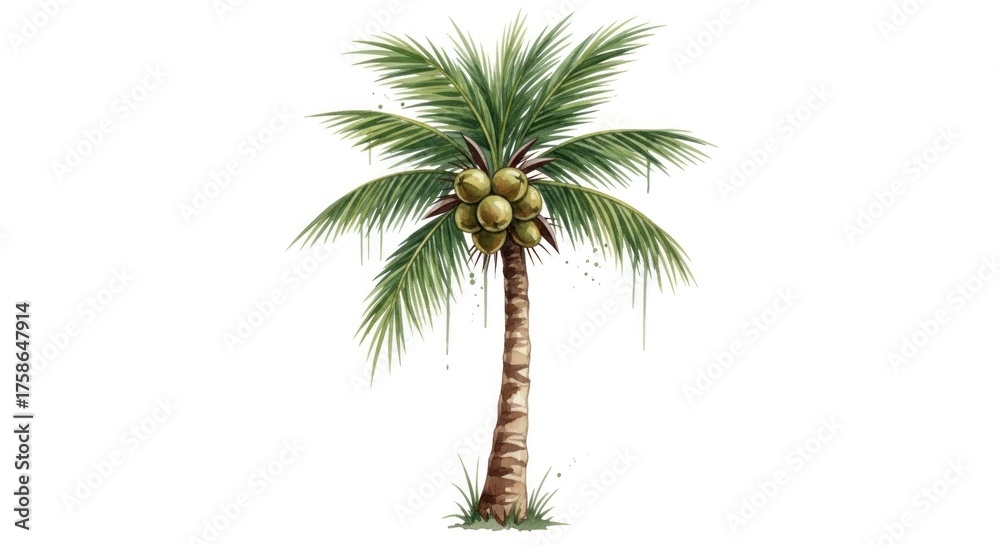 Obraz premium Lush palm tree with abundant coconuts and a textured trunk, set against a white background