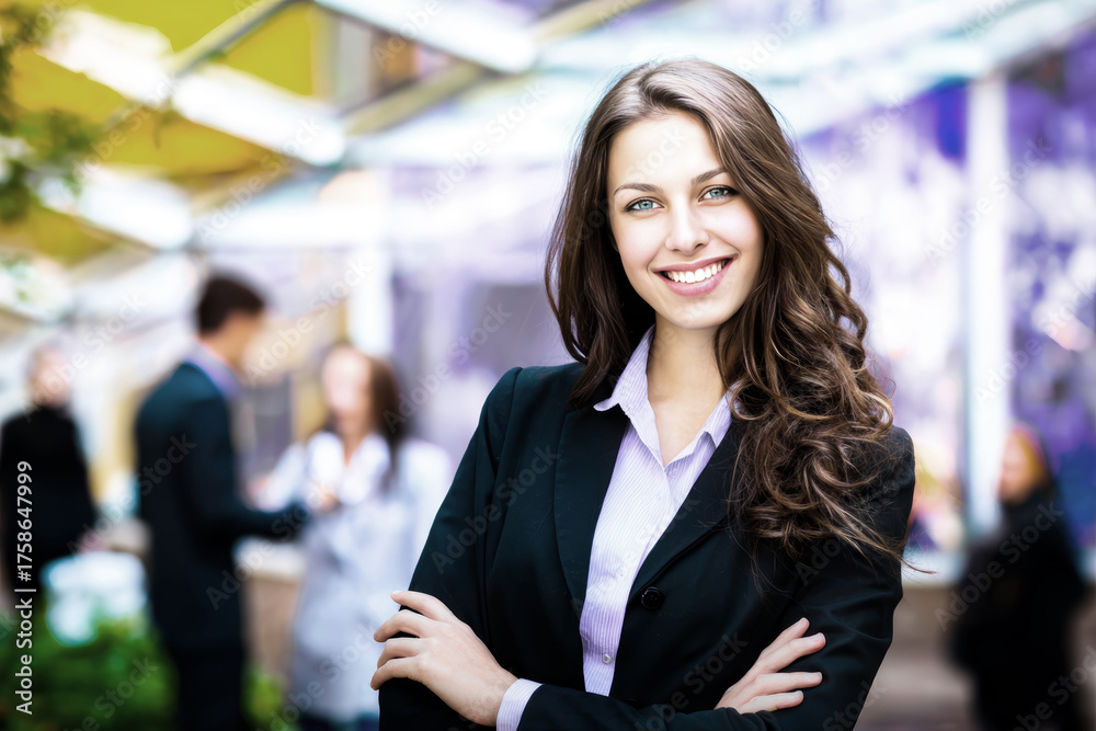 Naklejka premium Confident young caucasian female professional smiling outdoors at business event.