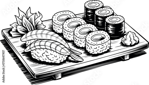 This detailed black and white engraving presents a platter of assorted sushi, including nigiri with what appears to be eel or salmon, and various maki rolls.