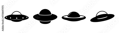 Four classic flying saucer ufos depicted in a simple black and white style various angles