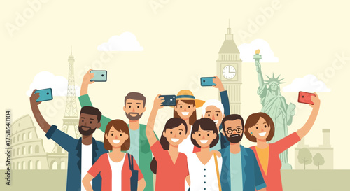 Diverse group of people taking selfies in front of world famous landmarks illustration