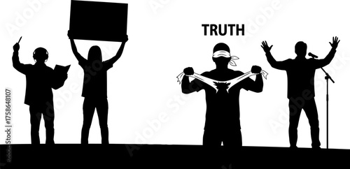 Silhouetted figures represent protest censorship and the power of truth spoken aloud