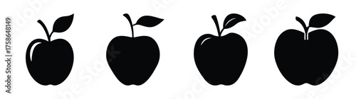 Four black silhouette apples with stems and leaves in a row representing healthy fruit