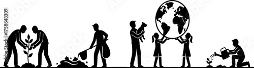 Diverse silhouettes of people and the Earth globe representing global unity and humanity's collective journey