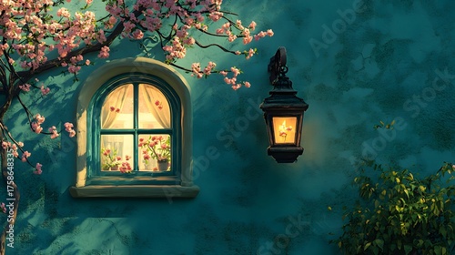 Illuminated lantern and window adorn a textured wall with blooming branches overhead.