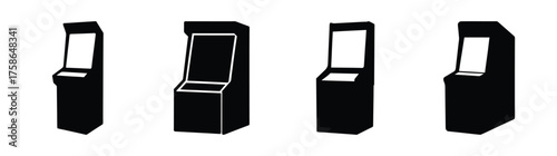Four retro arcade cabinet mockups displayed in a line from different angles for game room design