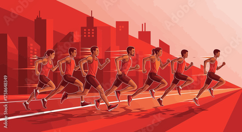 Dynamic runners sprinting in a cityscape race representing fitness motivation and competition