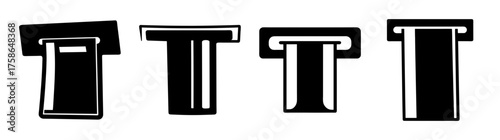 Four distinct stylized atm icons representing cash withdrawal or deposit functions variations