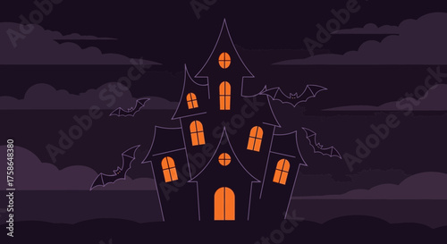 Eerie halloween haunted house with bats against a spooky moonlit sky background scene