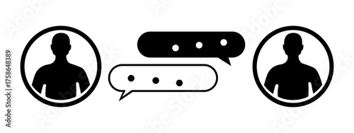 Minimalistic communication icon set showing two user profiles and chat bubbles, symbolizing conversation, messaging, connection, and online communication in vector style.