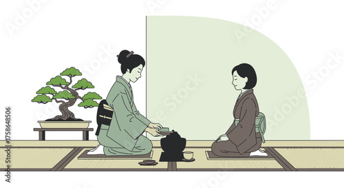 Elegant Japanese tea ceremony illustration with women in kimono and bonsai tree scene