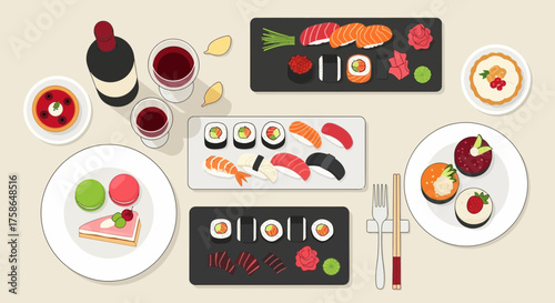 Elegant sushi and dessert arrangement showcases culinary diversity in a flat lay style setting