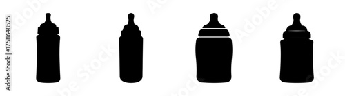 Four black baby bottle silhouettes collection for infant feeding and nourishment needs