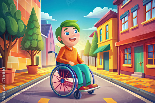 smiling person using wheelchair vector navigating accessible city street, symbolizing mobility, freedom, equality, and inclusion in modern urban life