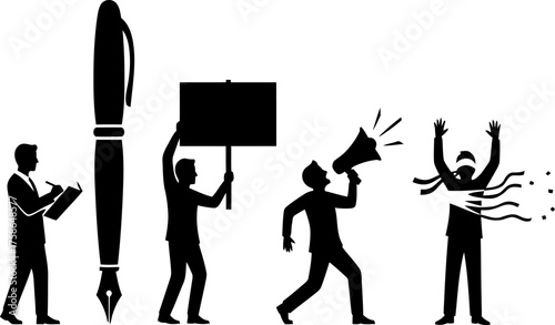 Silhouetted figures representing free speech advocacy protest and journalism with a large pen