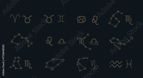 Elegant zodiac constellations and signs set against a dark backdrop showcasing celestial patterns