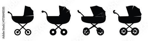 Set of four vintage and modern baby carriage silhouettes iconic designs for newborn transport