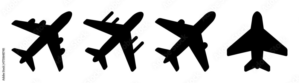 Obraz premium Four diverse silhouettes of commercial airplanes in motion diverse aircraft wing shapes flying transportation icons collection