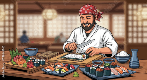 Enthusiastic sushi chef meticulously crafting a maki roll with precision and expertise amidst a