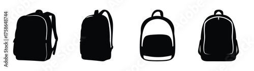 Collection of four backpack icons featuring zippers and straps in diverse styles and angles
