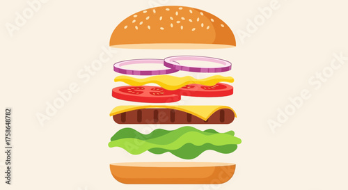 Exploded view of a burger showing all components layers of ingredients stacked in order
