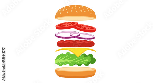 Exploded burger illustration showcasing each individual ingredient in a visually appealing manner