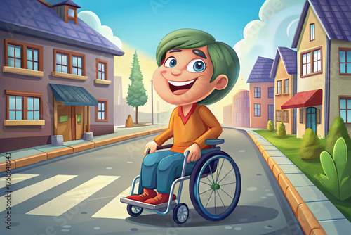 smiling person using wheelchair vector navigating accessible city street, symbolizing mobility, freedom, equality, and inclusion in modern urban life