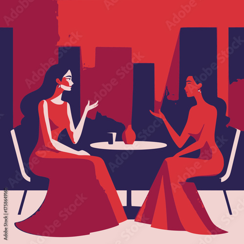 Two elegant women in long red dresses engaged in a conversation over a small table with a drink and bottle
