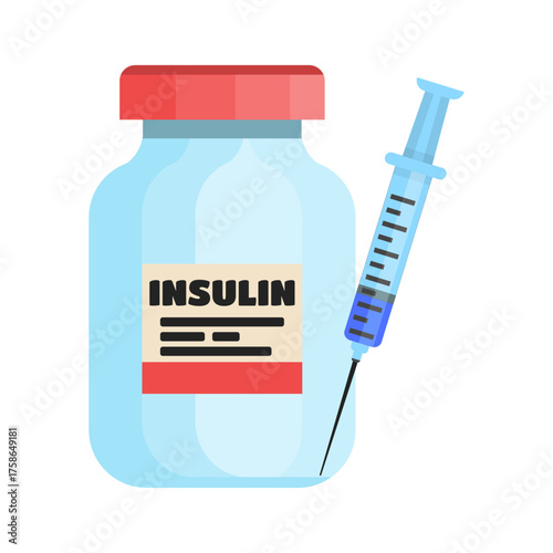 A set of isolated illustrations of insulin bottles and syringes for advertising flyers on the theme of blood diseases, diabetes, and other blood disease treatments.