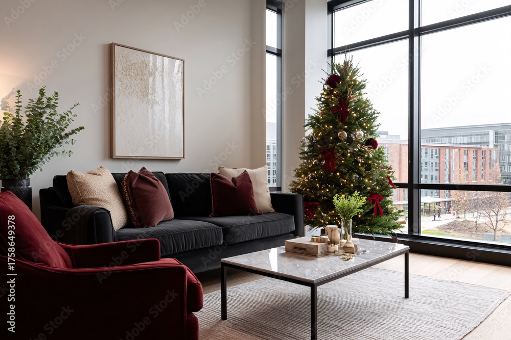 Fototapeta premium Modern open-plan living space decorated for Christmas celebration