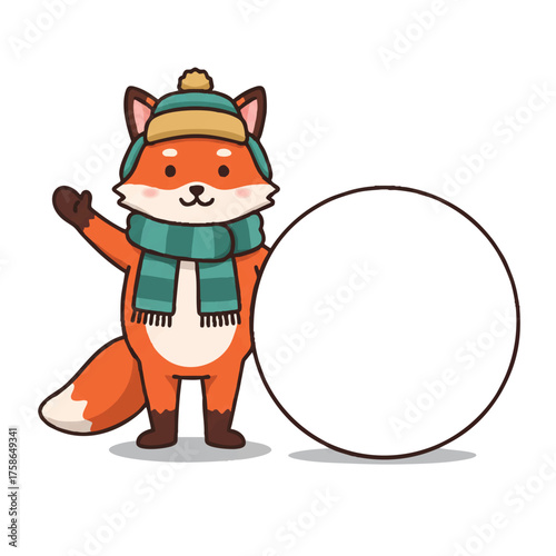 Friendly red fox 2D flat vector illustration wearing a warm winter scarf and hat, waving cheerfully while holding up a large, blank circular banner ready for seasonal promotional messaging.