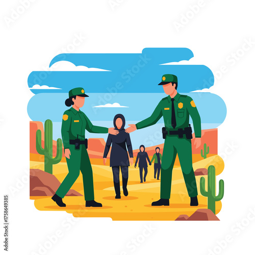 Border Patrol Agents Guiding Migrants Through Desert Landscape