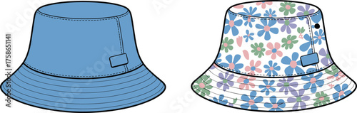 Bucket hat illustration, cad drawing flat vector, floral pattern fashion accessory, reversible hat design, trendy summer headwear, isolated illustration