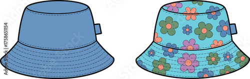 Bucket hat illustration, cad drawing flat vector, floral pattern reversible hat design, trendy summer accessory, stylish headwear fashion template, isolated