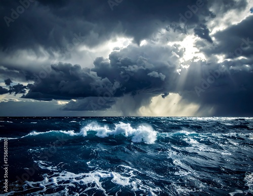 Dark ocean waves under dramatic storm clouds with sunlight piercing