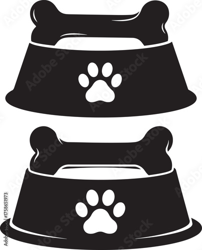Two black dog food bowls with paw prints and bone silhouette