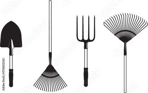 Silhouettes of garden tools including shovel, rake, and pitchfork spade on transparent background