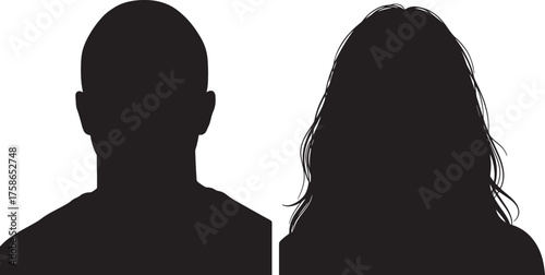 Silhouette Profile Portraits Of A Man And A Woman On White Background Keywords: silhouette, profile, portraits, man, woman, people, couple, headshot, bust, shoulders, hair, on transparent background
