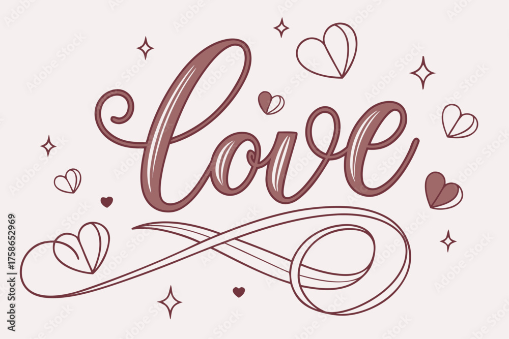 Naklejka premium Love typography with 3D metallic gradient — simple luxury Valentine 2026 illustration for print and web. 