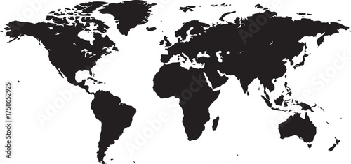 Black Silhouette World Map Continents And Oceans On White Background Keywords: world map, globe, earth, planet, geography, cartography, continents, oceans, landmass, on transparent background