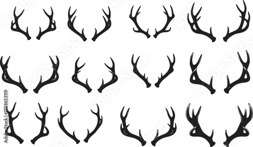 Collection of Twelve Hand-Drawn Antler Silhouettes antlers deer on transparent background