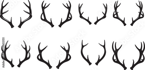 Collection of Black Silhouette Antlers on White Background Keywords: antlers, deer, elk, stag, buck, hunting, wildlife, nature, animal, headwear, trophy, bone, horn, on transparent background