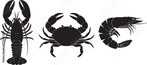 Silhouette of Lobster Crab and Shrimp on White Background Keywords: lobster, crab, shrimp, seafood, shellfish, crustacean, marine life, underwater, ocean, sea, food, on transparent background