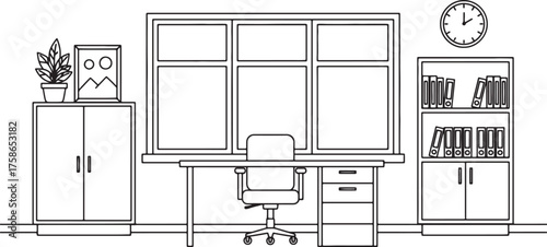 Line Drawing of an Office Desk with Chair Bookshelf Window and Clock vector illustration on transparent background