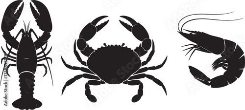 Silhouette of Lobster Crab and Shrimp on White Background Keywords: lobster, crab, shrimp, seafood, shellfish, crustacean, marine life, underwater, ocean, sea, food, on transparent background